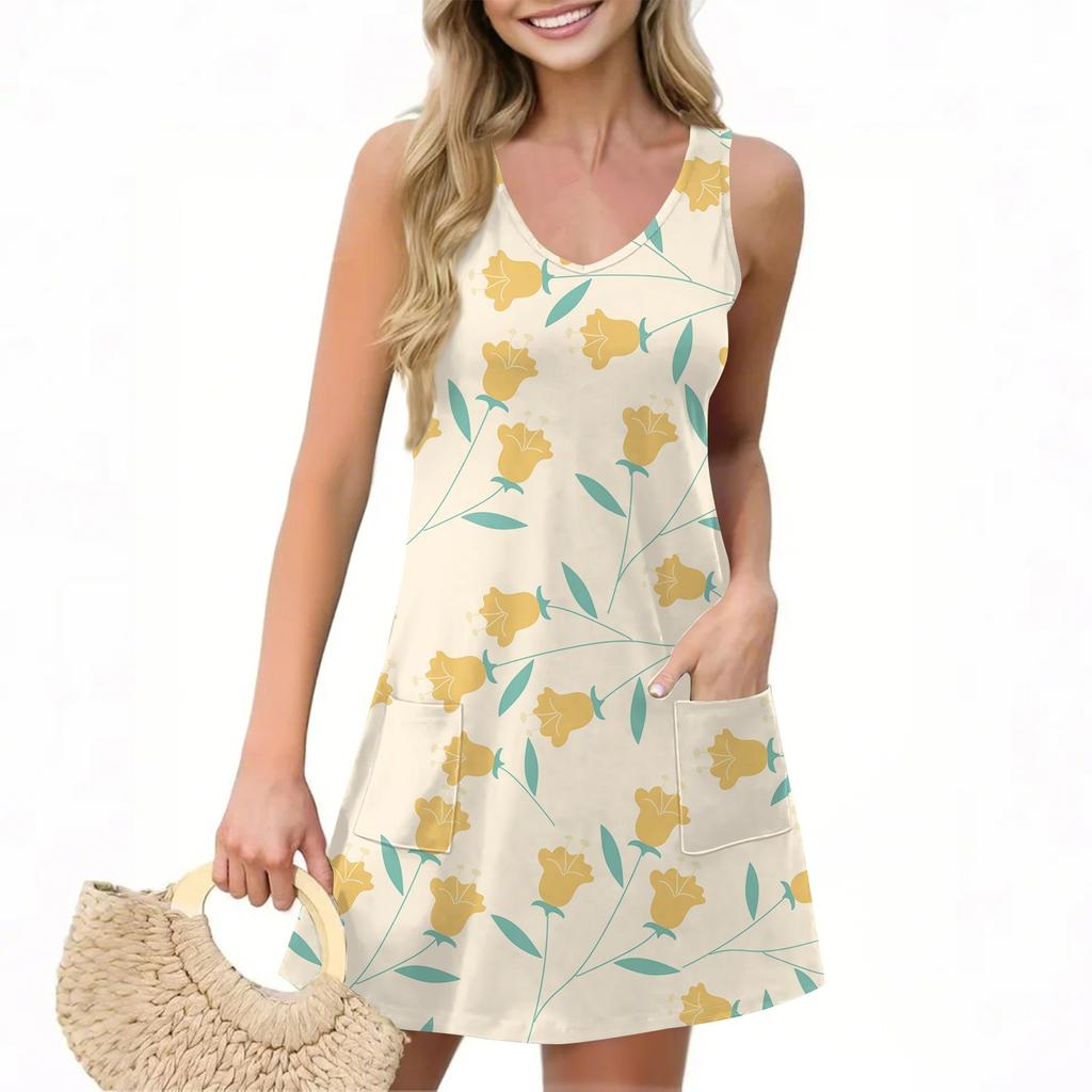 Женское повседневное летнее платье-жилет с карманами, цветочным принтом, V-образным вырезом, без рукавов