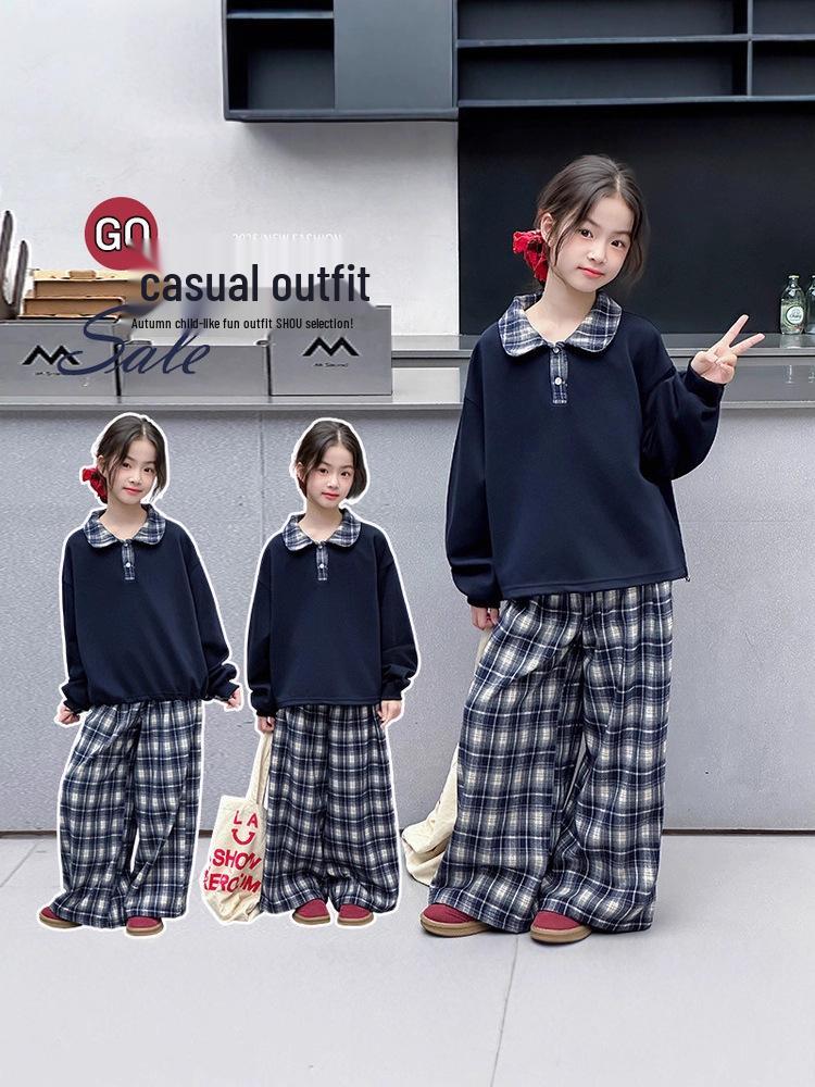 2025 New Early Autumn Girls' Turn-Down Collar Sweatshirt Set for Middle School