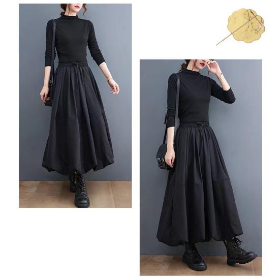 Women A-Line Skirt Elastic High Waist Lace-up Large Hem Maxi Skirt with