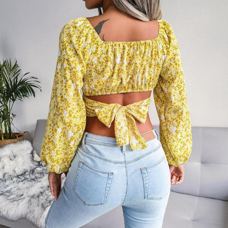 Spring Summer Floral Chiffon Crop Blouse Square Neck Lantern Sleeve Bow Resort Top S-XL