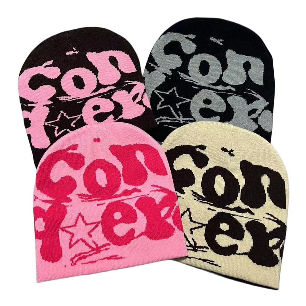 Y2K Girls Harajuku Style Slouchy Beanies for Women Jacquard Hat Versatile Hip-Hop Beanie Hat Skull Cap Turbans