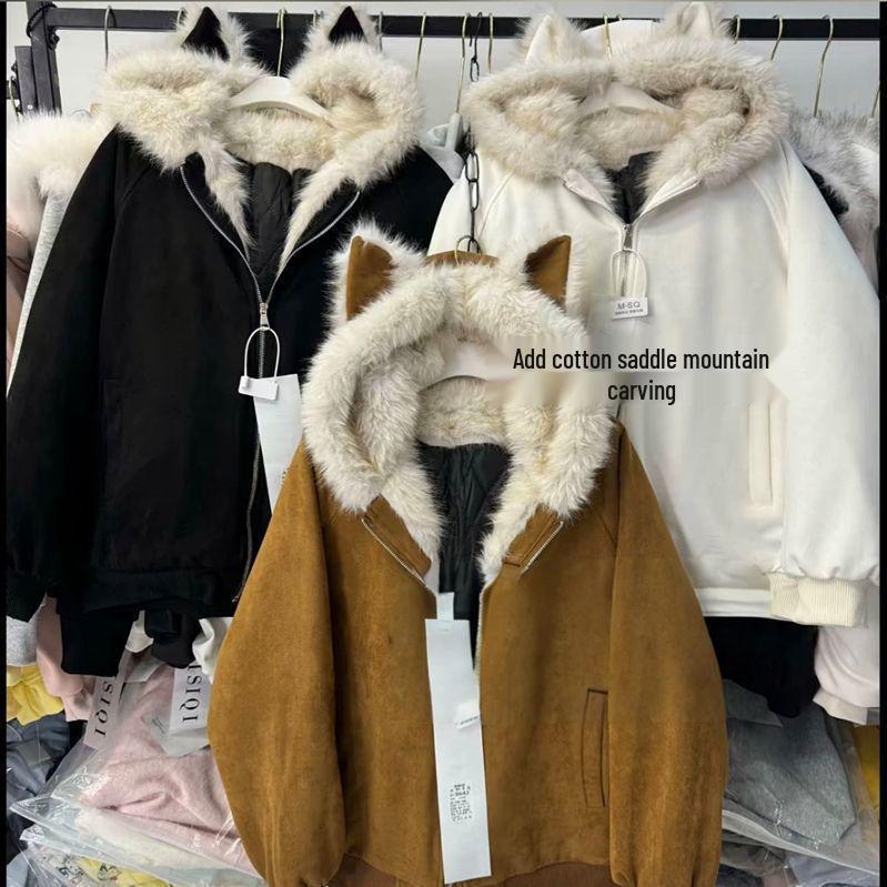 Унисекс Ретро Хлопковая Куртка с Кошачьими Ушками - Теплая, С Капюшоном и Модная Зимняя Одежда