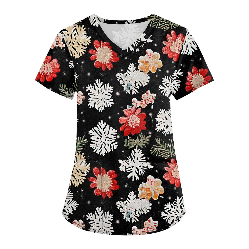Женская мода с v-образным вырезом, короткими рукавами и карманами, топы с рождественским принтом