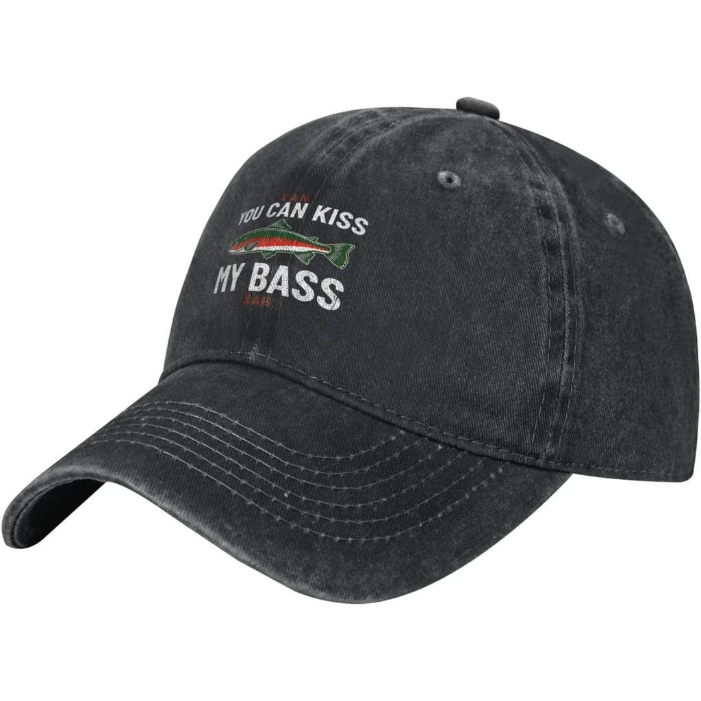 Kiss My Bass Fishing Graphic Baseball Cap Washed Cotton Adjustable Dad Hat for Unisex