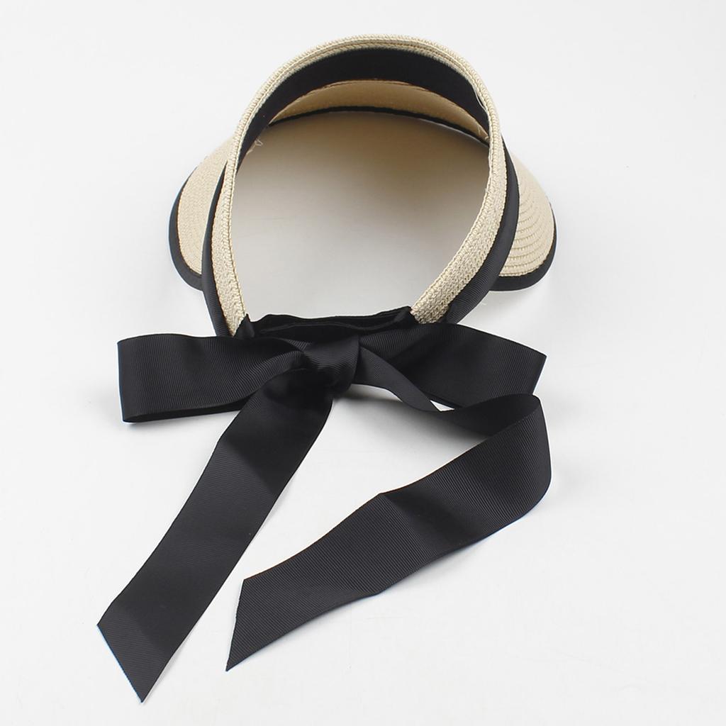 Women Sun Visor Hat Adjustable Wide Brim Bowknot Straw Hat Beach Hat