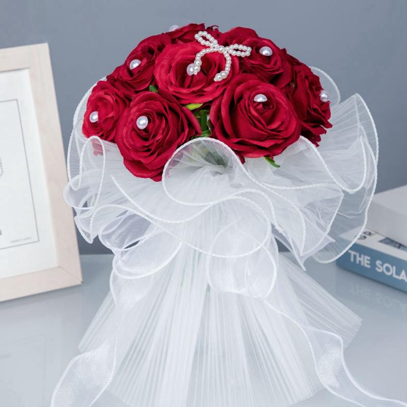 23/30cm White Artificial Roses Bride Bouquet Flowers With Ribbon Romantic Wedding Party Decoration DIY Bridal Floral Bouquets