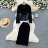 Autumn Winter Women Vintage Hepburn Style Black Velvet Business Outfits Blazer Collar Tops Blouss and Bodycon Pencil Skirt Office Work Two Piece Set