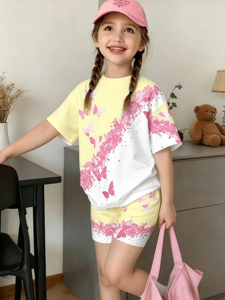 Whimsical 3D Butterfly Print 2 Piece Kids Summer Casual Set Lightweight Short Sleeve Shorts For Unisex Boys Girls