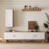 Living room wall unit, 3-piece, consisting of: highboard, cabinets, wall shelf. White and wooden, carved door panels.