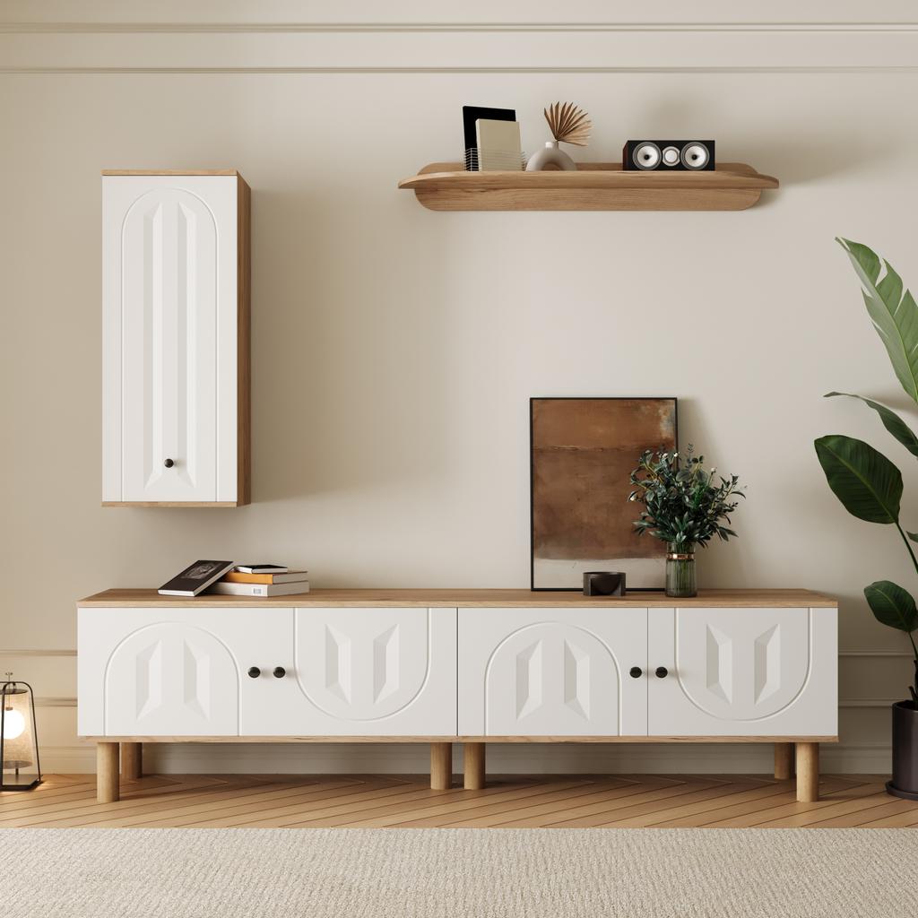 Living room wall unit, 3-piece, consisting of: highboard, cabinets, wall shelf. White and wooden, carved door panels.