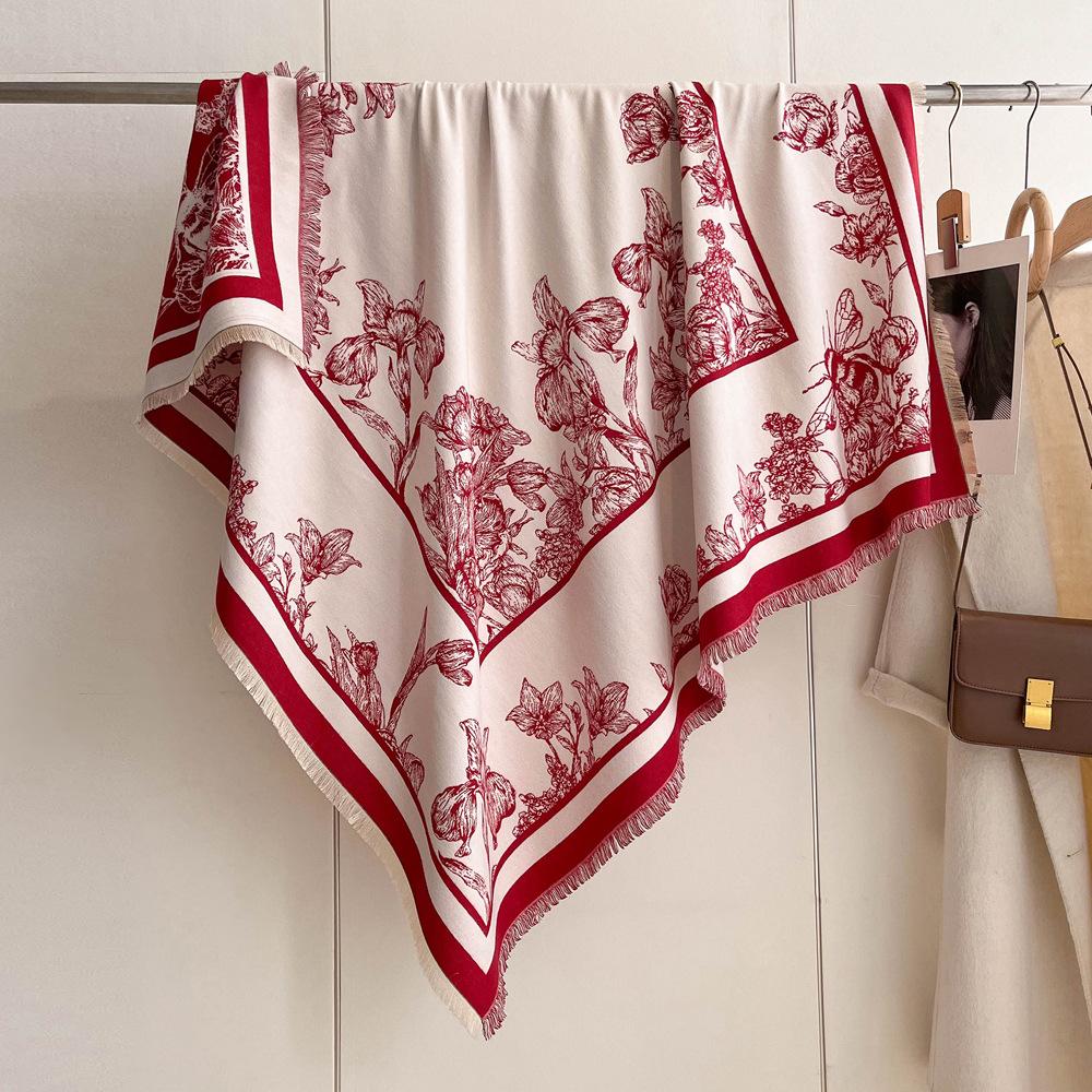 Winter New Imitation Cashmere Scarf High-end Women's Warm Square Scarf Red Cashew Jacquard Cape Shawl