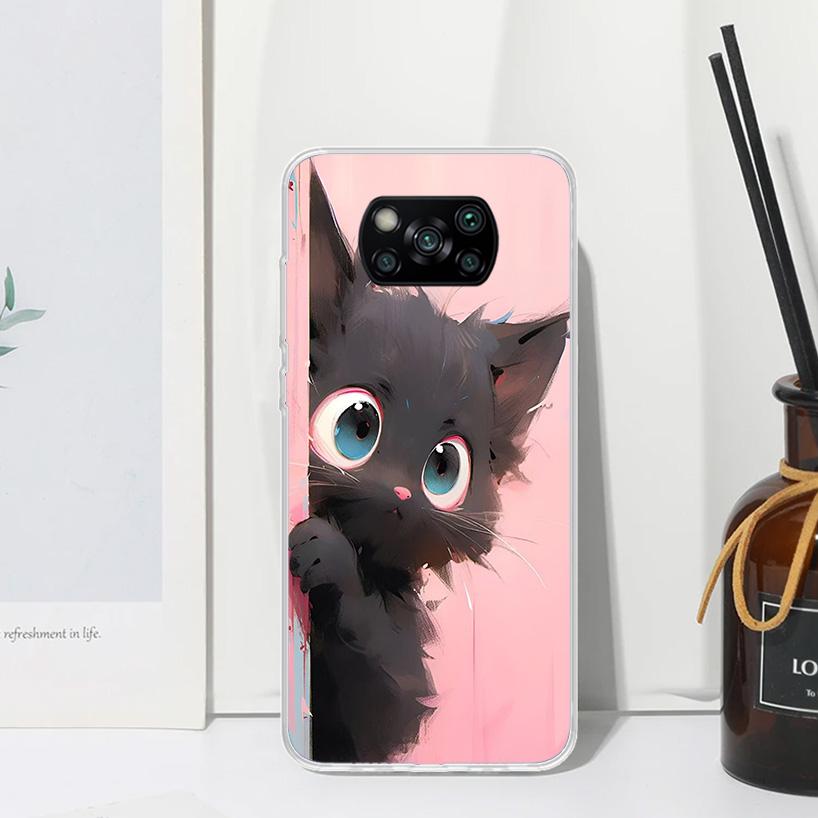 Anime Cute Black Cat Meow Phone Case For Xiaomi Poco X7 X6 X5 M7 M8 Pro F7 Ultra Redmi 15C 15 13C 13 12C 12 10 10C 10A Art Funda