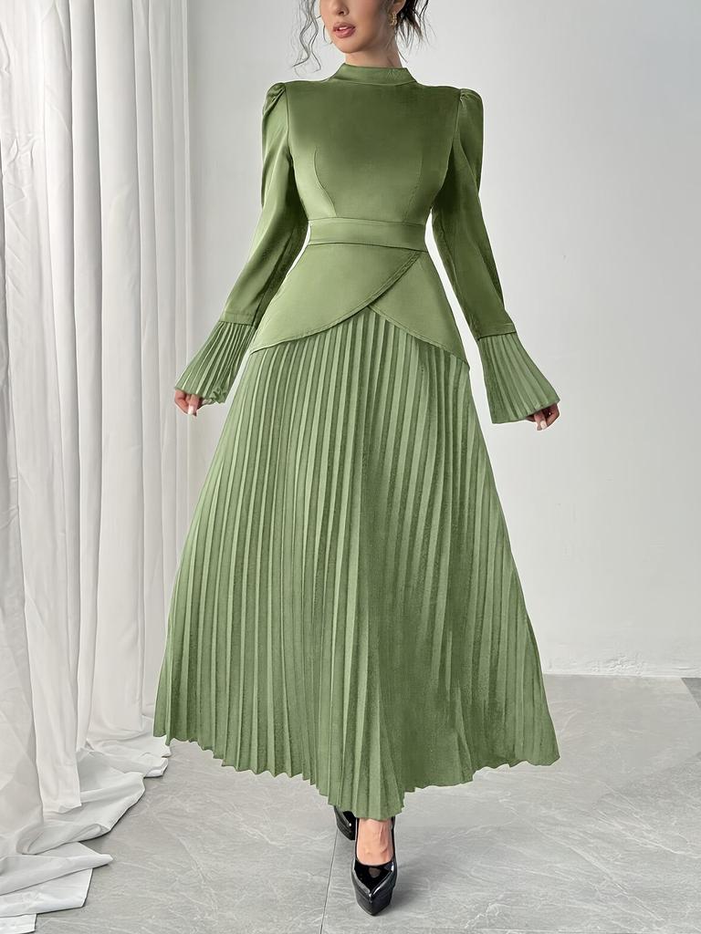 TEMU Внешняя торговля Платье вечернее с высоким воротом, приталенное по талии, плиссированное, с длинным рукавом