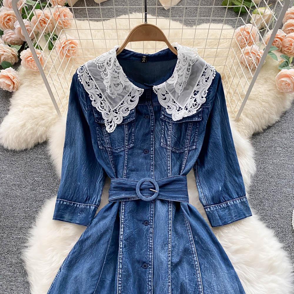 RUGOD Платье с французской талией и кружевной строчкой, джинсовое платье-рубашка на пуговицах с рукавами три четверти, чувство маленького темперамента