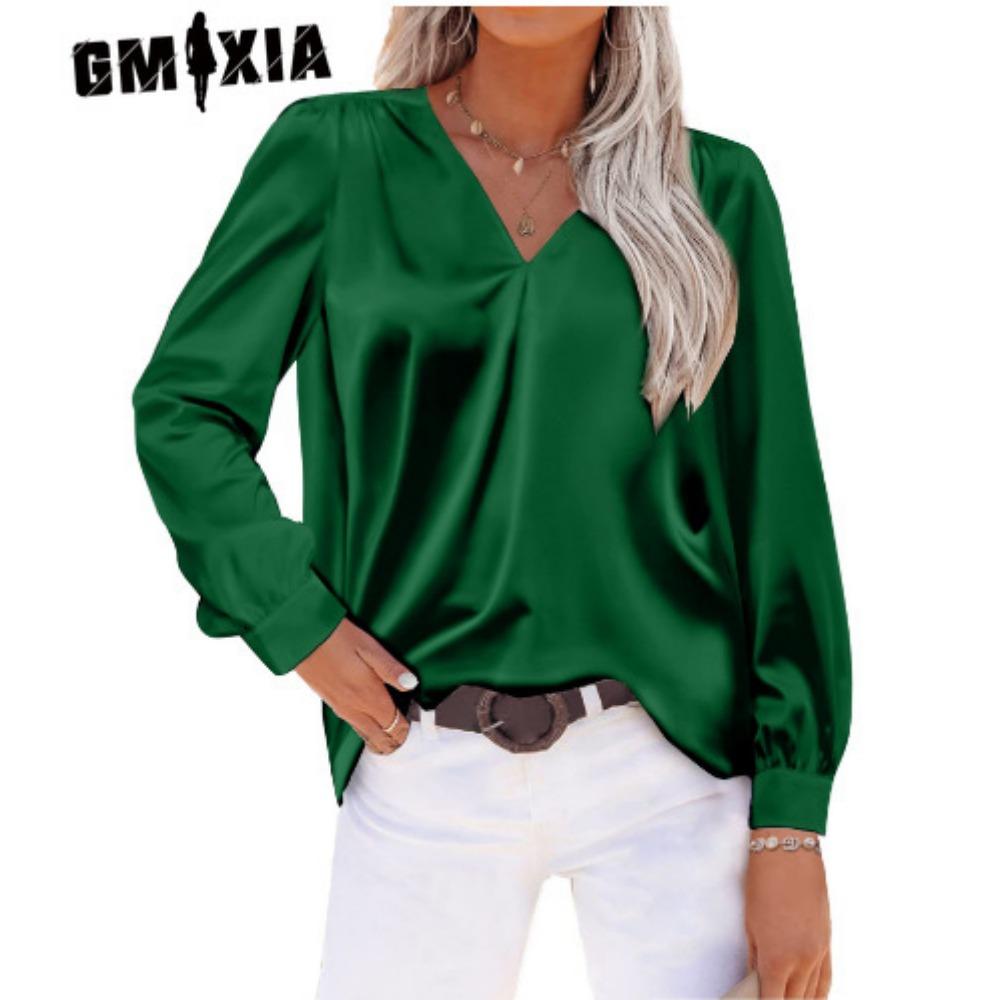 GMXIA Женские модные повседневные весенне-осенние однотонные блузки и рубашки с v-образным вырезом и длинным рукавом с принтом