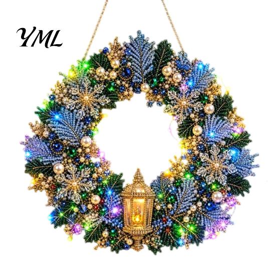 DIY Home Holiday Decor Acrylic Christmas Faux Pearl Art Hanging Kit, Lighted Wreath 3D Beaded Craft Painting Set Kit with LED String Light,
