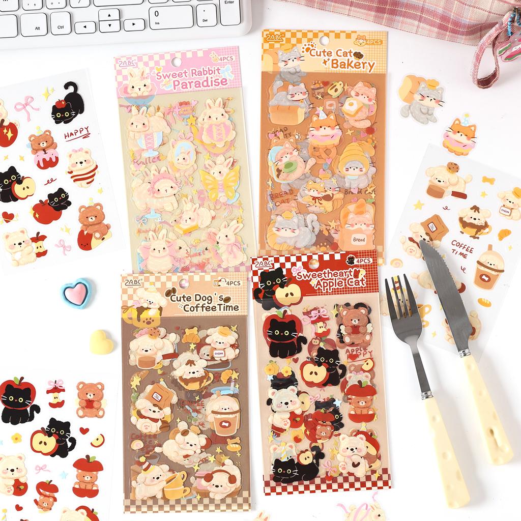 4sheets Cute Pet Tea Party Series Kawaii Cartoon Animal Decoration Stickers DIY Diary Scrapbook Aesthetics Stationery Stickers