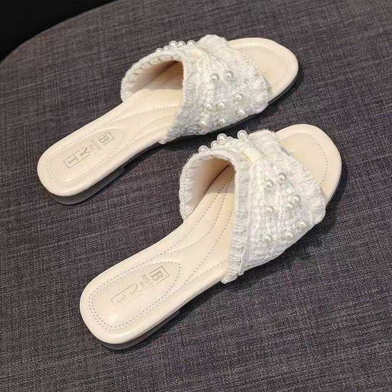 2025 лето новые легкие жемчужные прохладные тапочки женские для улицы сказочный стиль плоская подошва шлепанцы универсальная модная бомба