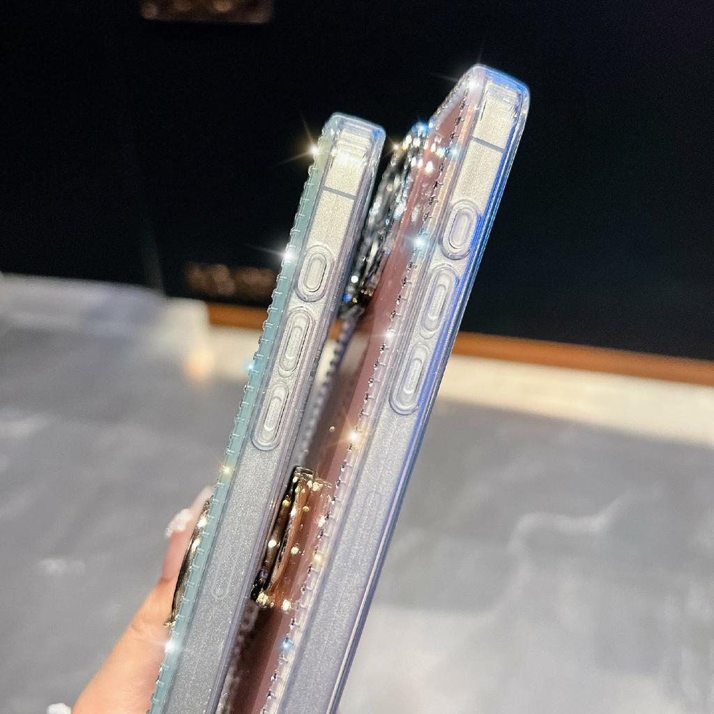 For iPhone 15 Pro Case with Ring Kickstand Rhinestone Edge TPU+PC IMD Phone Cover