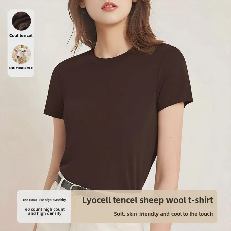 «Высококачественная европейская футболка Tencel Wool Slim Fit с коротким рукавом для женщин — новая летняя мода, круглый вырез, стиль класса люкс»