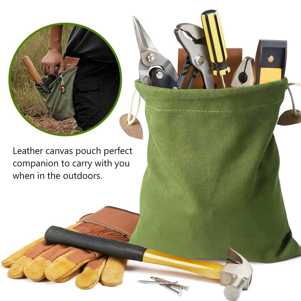Outdoor Foraging Bag Waxed Canvas Collapsible Foraging Pouch Fruit Picking Storage Bags Leather Belt Waist Hanging Tool Bag for Travel Camping Hiking