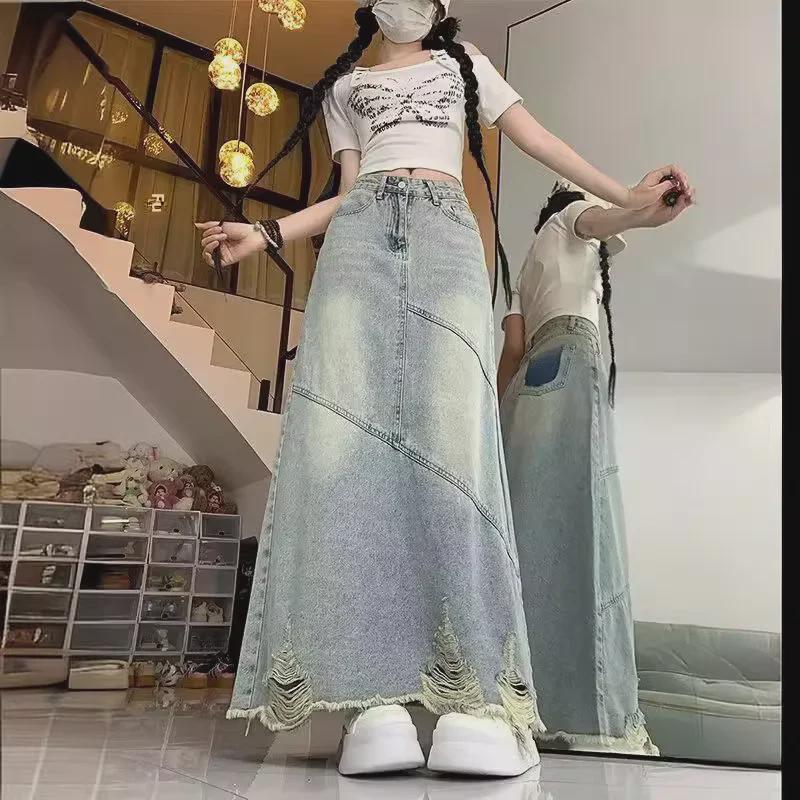 Женская джинсовая юбка А-силуэта в стиле ретро с высокой талией — средняя длина, миниатюрная посадка, рваный дизайн