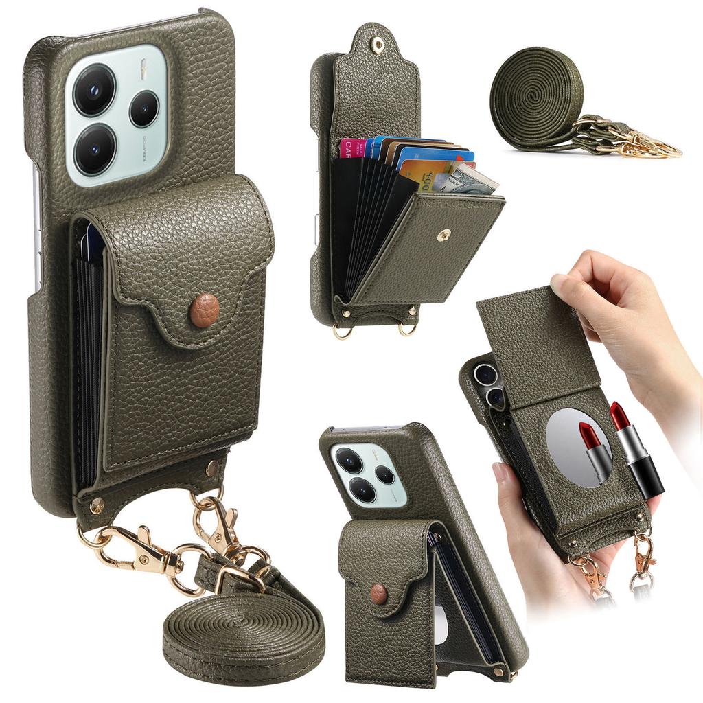 For Xiaomi Redmi Note 14 4G (163.25x76.55x8.16mm) Case Mirror Card Holder Litchi Texture Leather Phone Back Cover with Long Strap