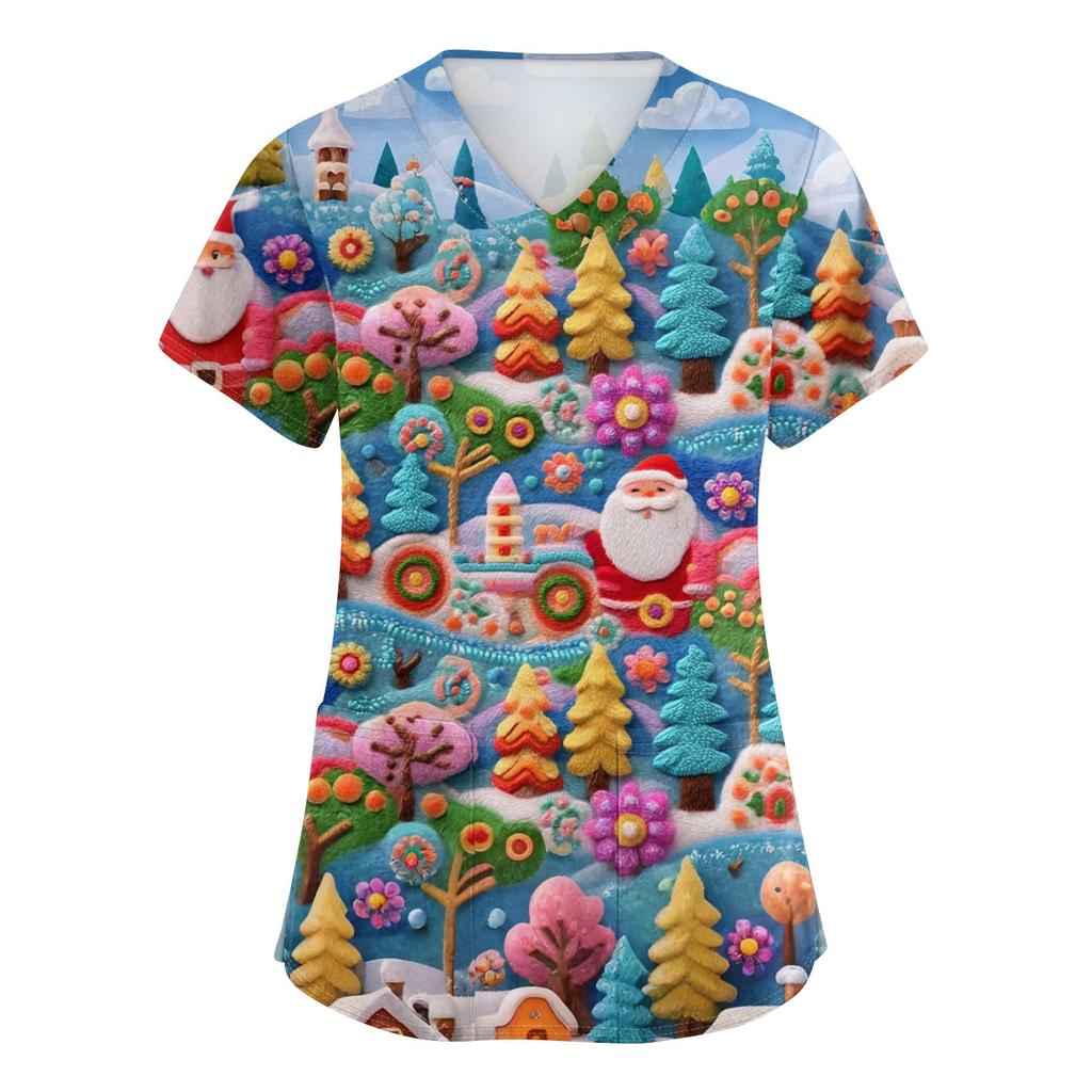 Женский топ защитного костюма с V-образным вырезом, рождественским принтом, короткими рукавами, карманом и боковым разрезом