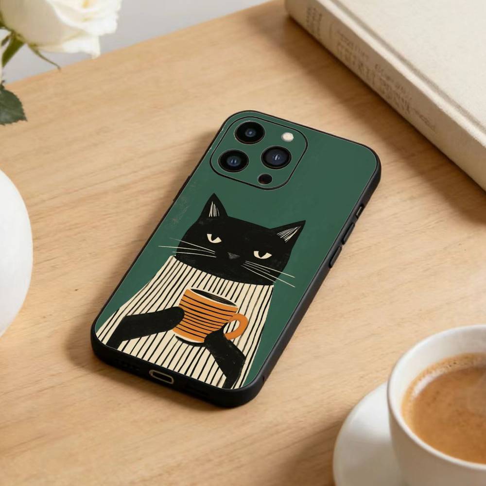 Полосатая рубашка Кофе Кот Чехол для телефона Для iPhone 17 16 15 14 13 12 Max Plus Силиконовый Черный Чехол