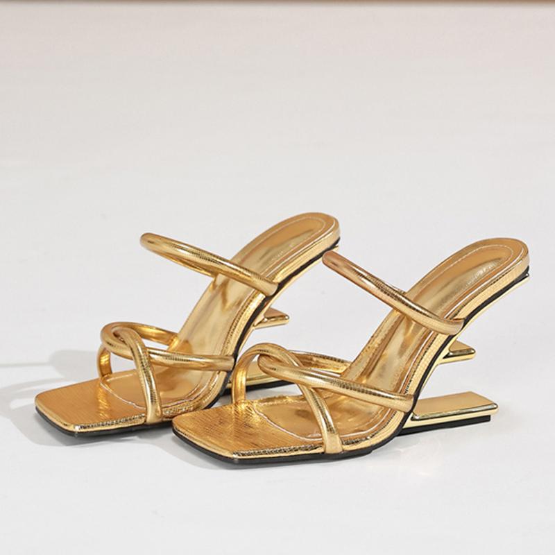 Мода Liyke Мода Шик Металлическое Ажурное Плетение Клинья Шлепанцы Женские Уютная Кожа Узкий Ремешок Летняя Обувь Золотые Высокие Каблуки Сандалии Гладиаторы