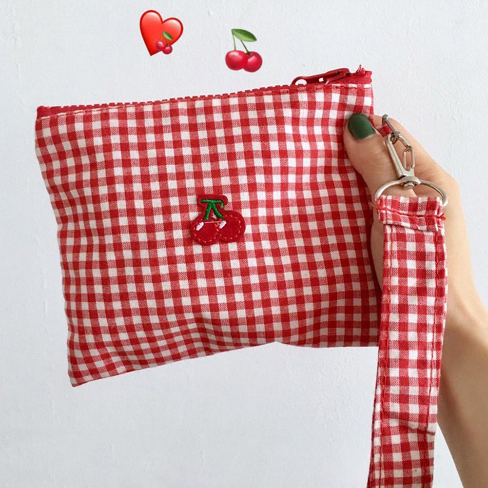 Красная вишневая холщовая косметичка Красная клетчатая портативная Большая вместимость сумка для хранения косметики и помады Дорожная сумка-несессер