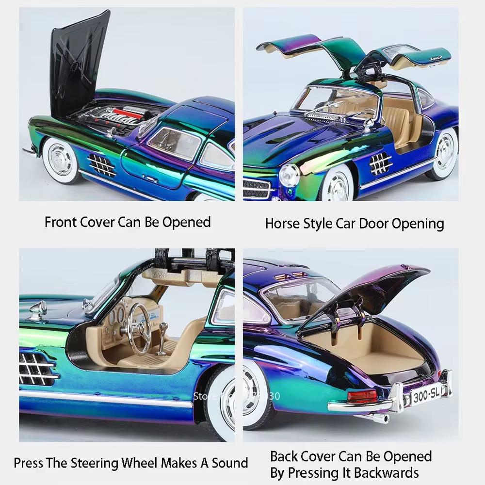 New 1:24 Scale Miniature Alloy 300SL Retro Car Toy Model 4 Doors Openable Vehicle Sound and Light Car Children's Day Gift