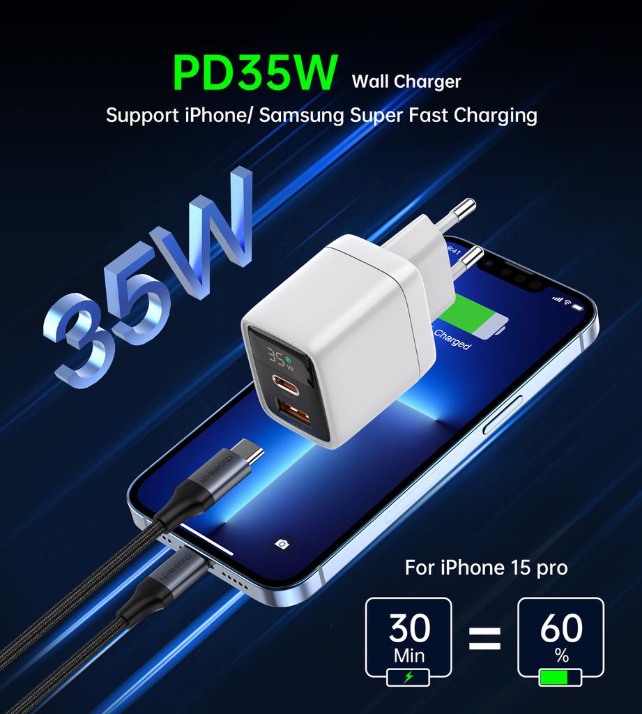 Choetech PD6052 Dual-Port 35W GaN Fast Charger with Display - White