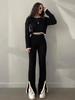 Vintage Hepburn-style Knitted Crewneck Short Long-sleeved Top + High-waist Slim Drape Split Trousers Autumn and Winter Suit
