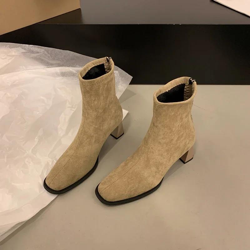 Мода Женские эластичные ботильоны Модные элегантные современные тонкие короткие ботинки Осень-зима Laides Молнии сзади Обувь