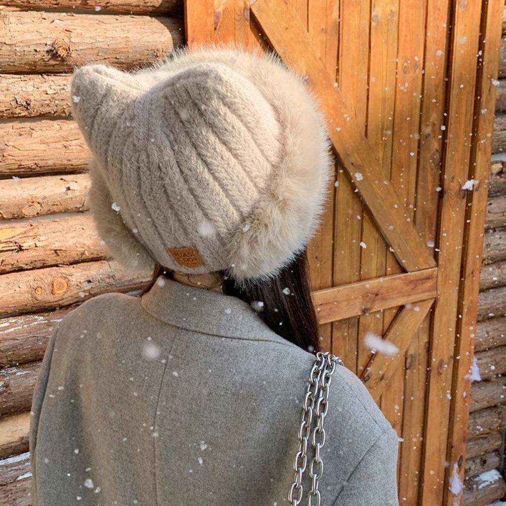 Модная и Очаровательная Шляпа-Шапка с Ушками Кошки Осень Зима Универсальная Вязаная Шапка Утолщенная Большого Обхвата Женская Плюшевая Шапка