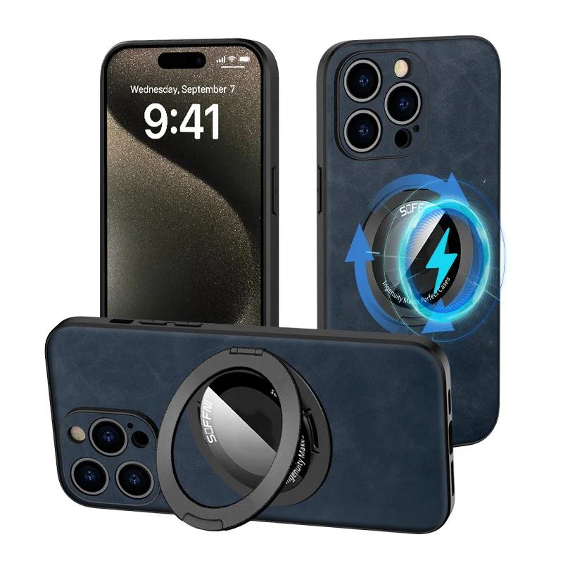 360 Магнитное кольцо с подставкой Роскошный кожаный чехол для телефона для IPhone 15 14 13 12 11 Pro Max Держатель Защитная Противоударная Крышка