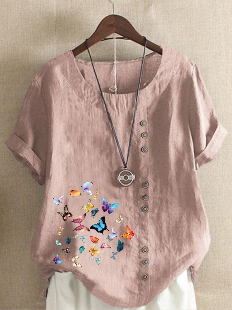 Женские топы с короткими рукавами и круглым вырезом с принтом бабочек, свободная хлопковая рубашка, повседневная блузка XS-5XL