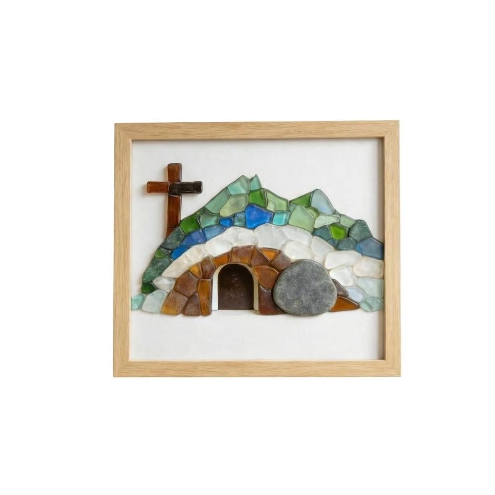 Handmade Risen Empty Tomb Frame Funny Cute Simulation Sea Glass Cross Creative 20cm Resin Cave Crystal Crucifix Festival Gifts