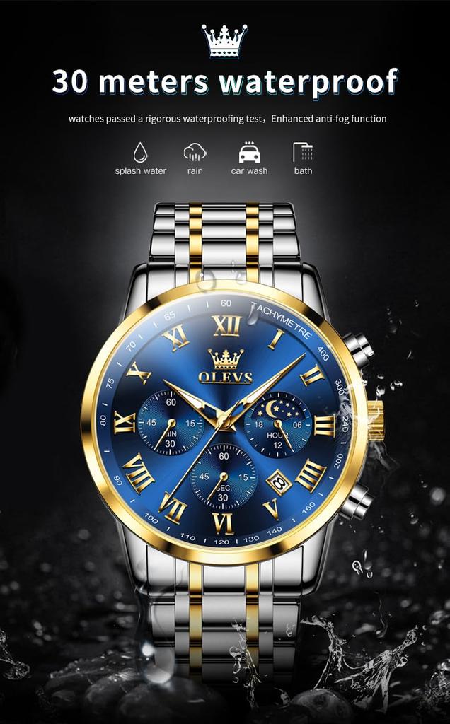 Часы OLEVS водонепроницаемые дата светящиеся популярные стильные часы аналоговые нержавеющая сталь ремешок кварцевые модные деловые классические часы для мужчин синие мужские