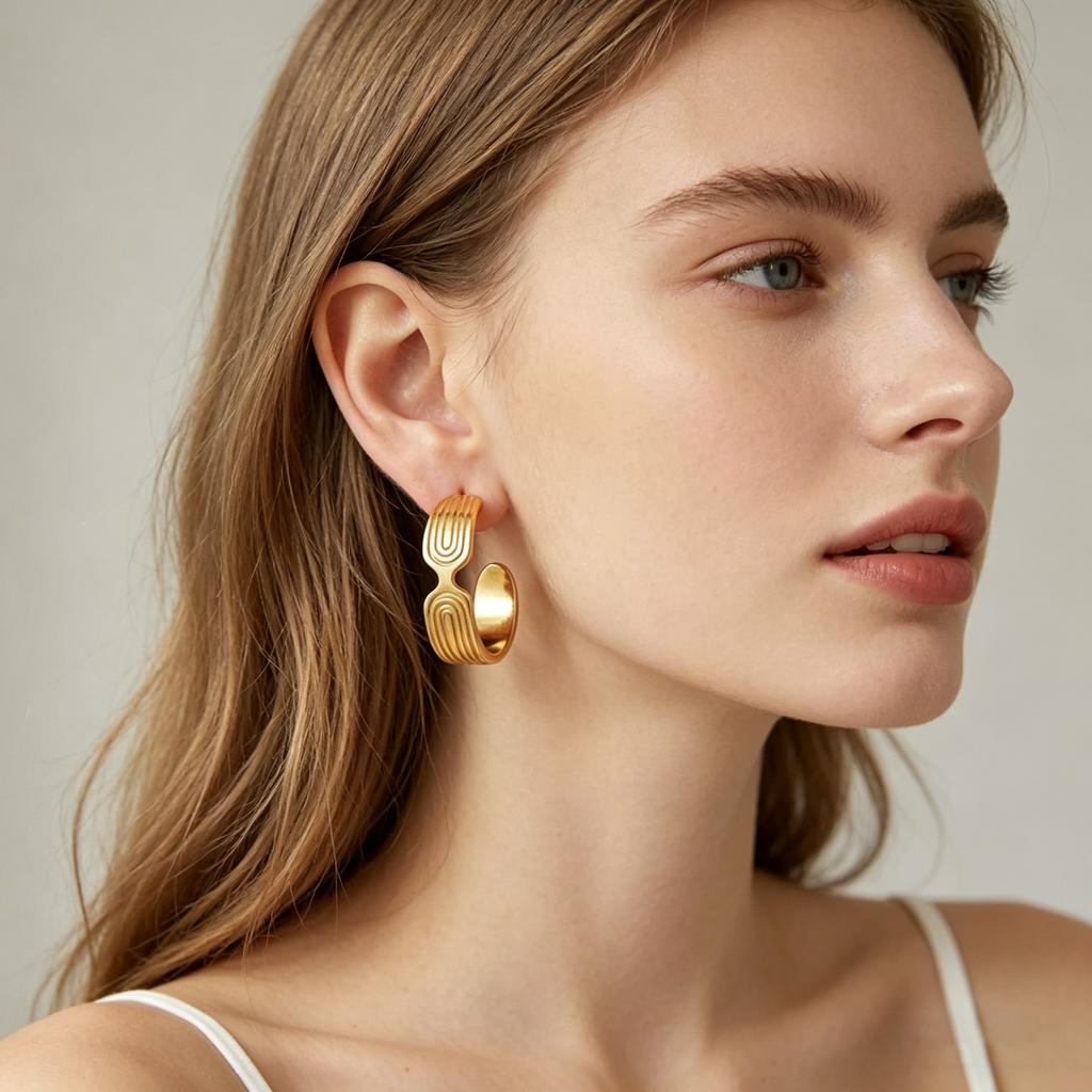 Stainless Steel C-shaped Irregular Texture Earrings for Women Geometric Stripe Metal Stud Earrings Gold Plated Statement Jewelry