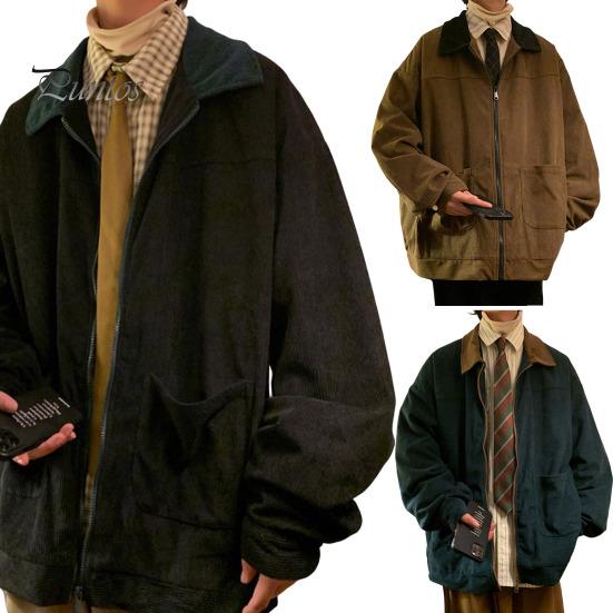 Мужская куртка в стиле пэчворк свободного кроя с застежкой-молнией, повседневное пальто с лацканами и длинным рукавом, вельветовая верхняя одежда