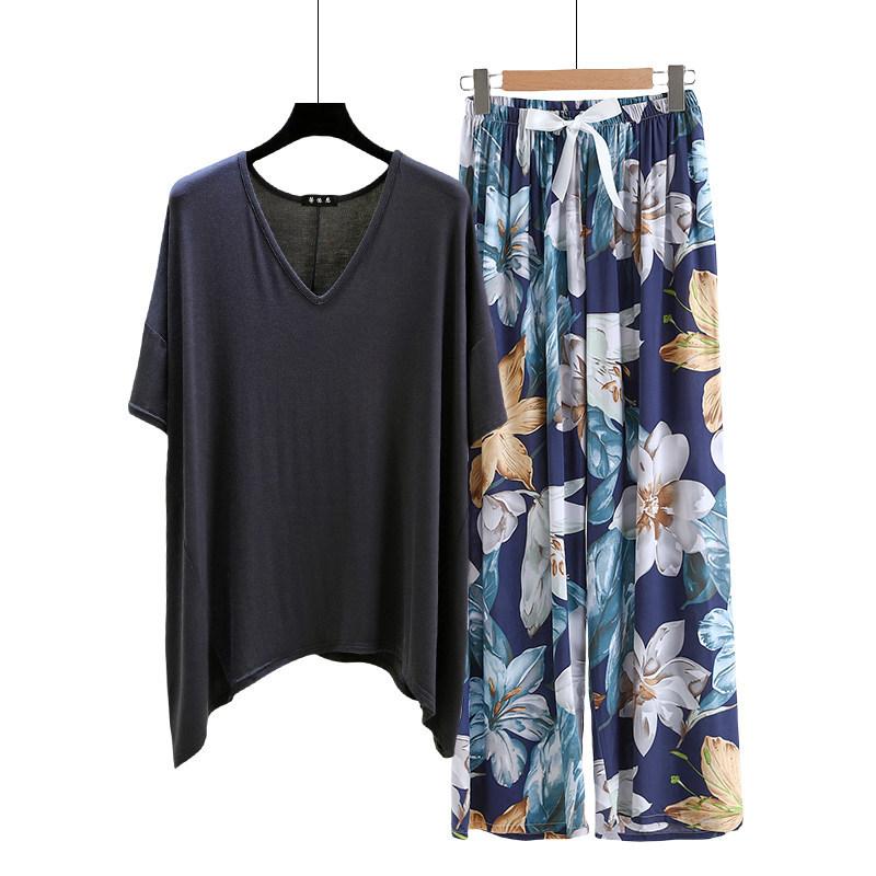 Необычная футболка и широкие брюки с цветочным принтом летние женские повседневные пижамные комплекты Костюм для дома с коротким рукавом Свободный легкий костюм для отдыха Большие размеры