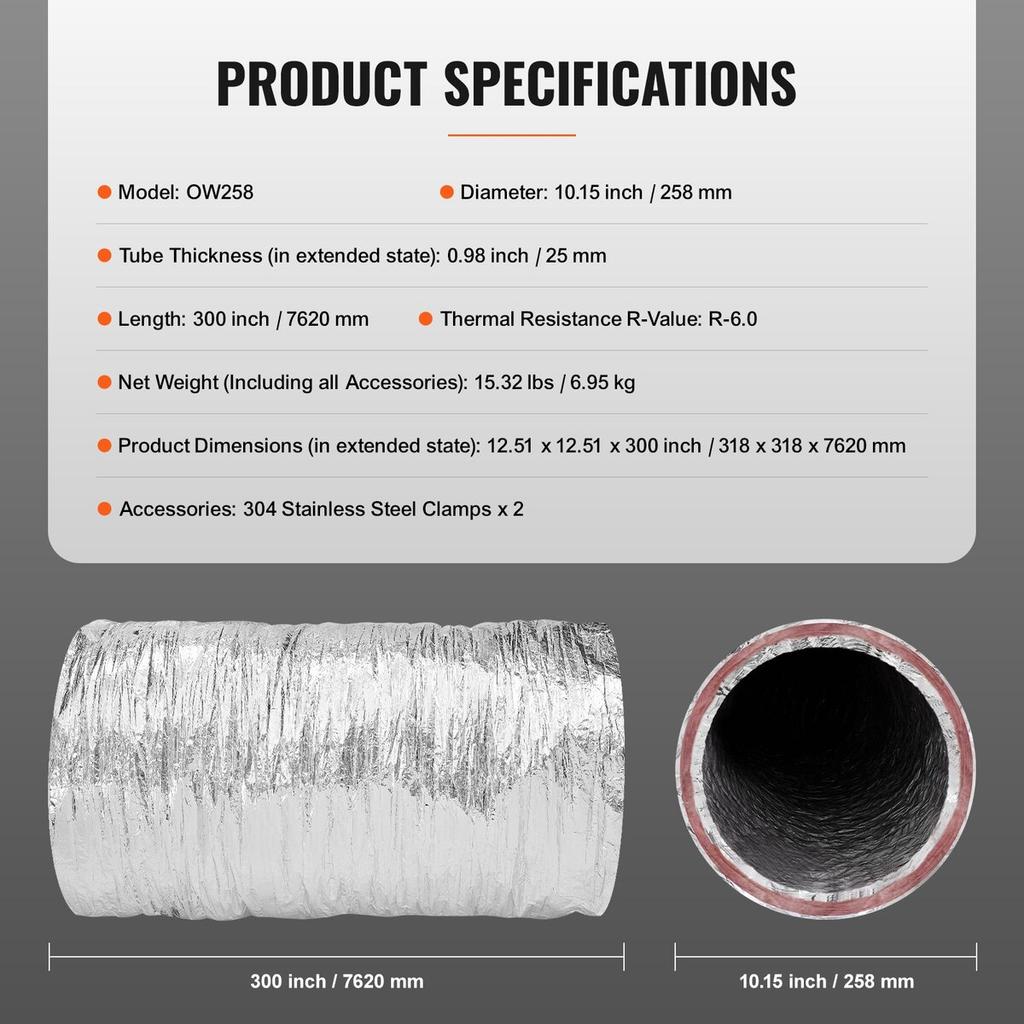 Dryer Vent Hose, 254MM Insulated Flexible Duct 7.62M Long with 2 Duct Clamps, Heavy-Duty Three Layer Protection for HVAC Heating Cooling Ventilation