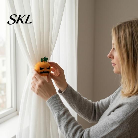 Autumn Curtain Tieback Halloween Pumpkin Tieback, Plush Fabric Strap Durable Holder, Decorative Draperies Holdback for Home Holiday Party Decor Strong