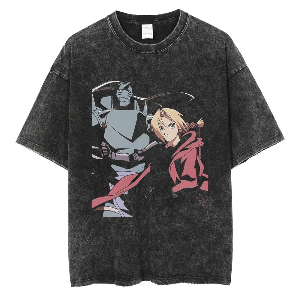 FULLMETAL ALCHEMIST Graphic T Shirt Japanese Anime Vintage Washed T-shirt Cotton Casual Short Sleeve Tee Shirt Men Women Clothes
