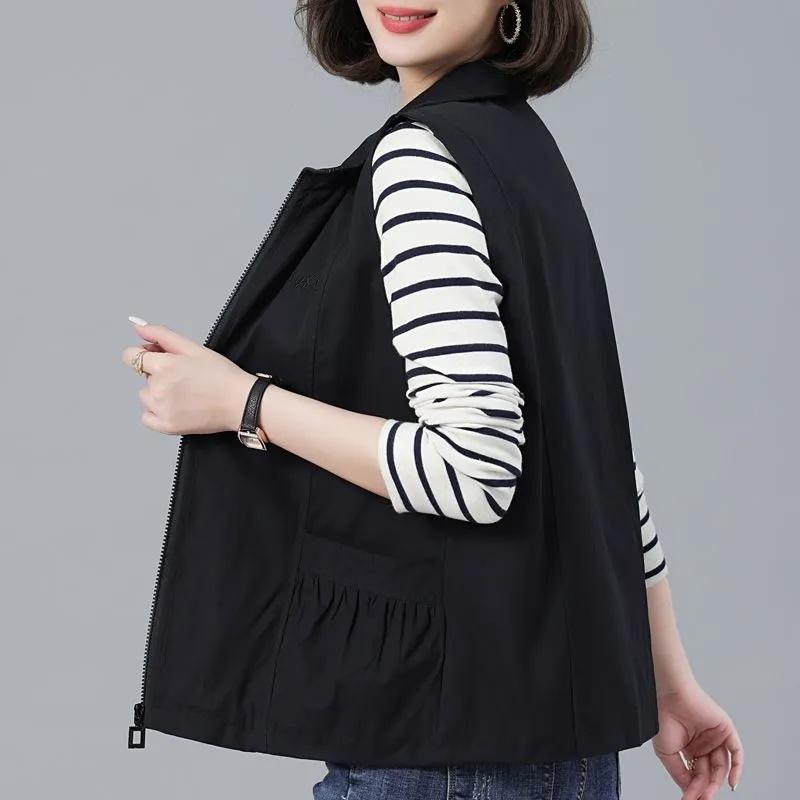 Весна Лето Тонкий Белый Жилет Женский Повседневный Базовый Безрукавка Куртка Кардиган Отложной Воротник Молния Жилет Chaleco Mujer 3XL