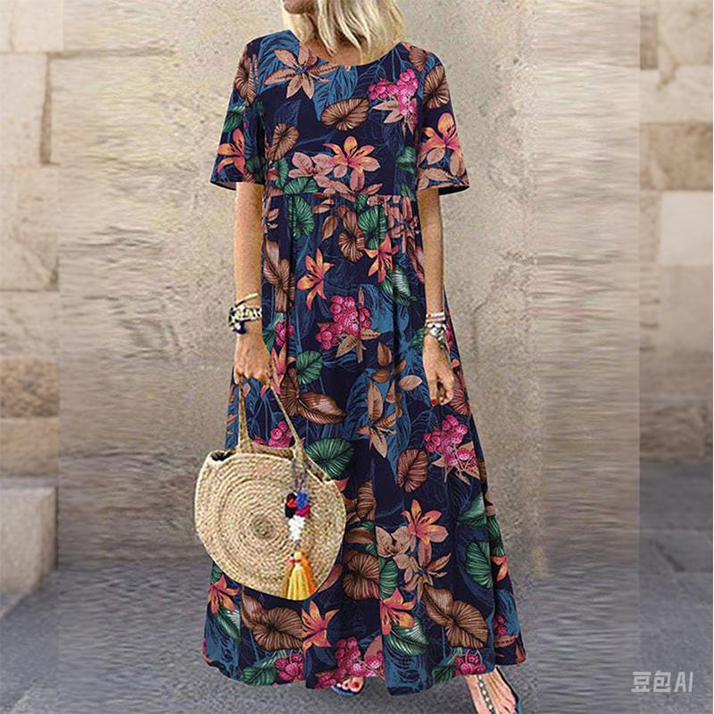 Летнее платье с цветочным принтом - женское платье макси с круглым вырезом, повседневное, с коротким рукавом, свободное, для пляжного отдыха