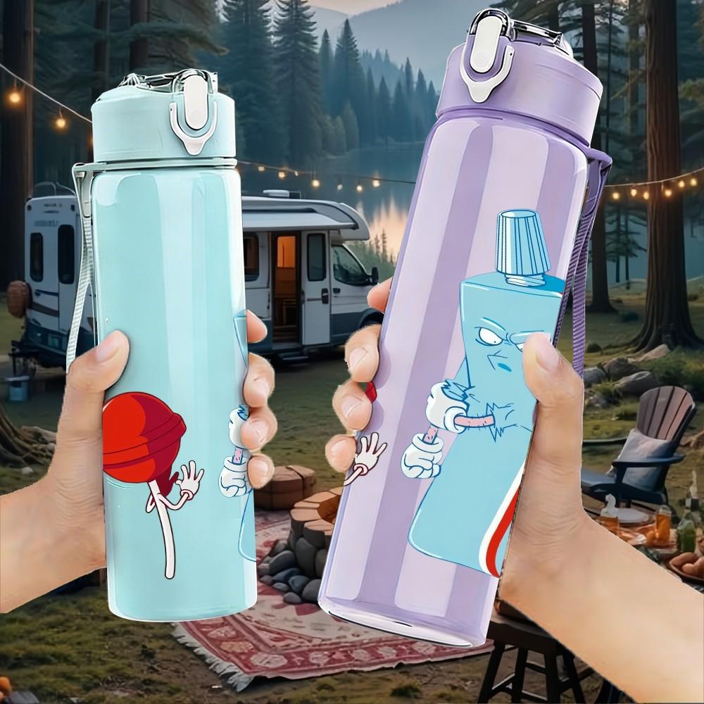 1PC Soda Drink Bottle Summer Cartoon Print 750ml Color Plastic Sports Water Bottle Leakproof Flip Straw Lid Suitable for Sports Office Home Use