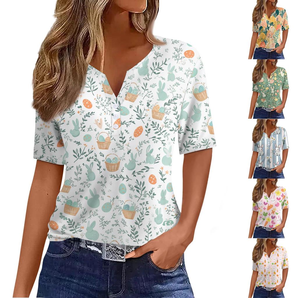 Women's T Shirt Print Button Short Sleeve Daily Weekend Fashion Basic V-Neck Regular Top